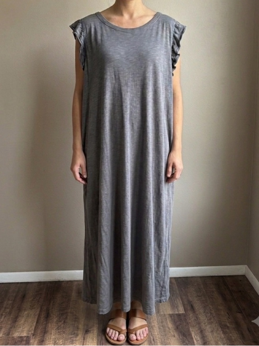 Universal Thread Grey Ruffle Sleeve Side Slit Midi Dress Size XL 100% Cotton EUC